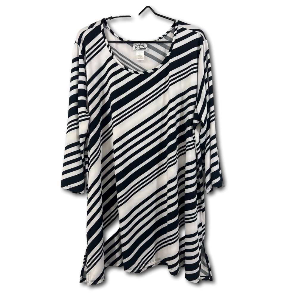 Anthony Richards Womens Black White Striped Tunic Top Blouse Size 3X Vintage